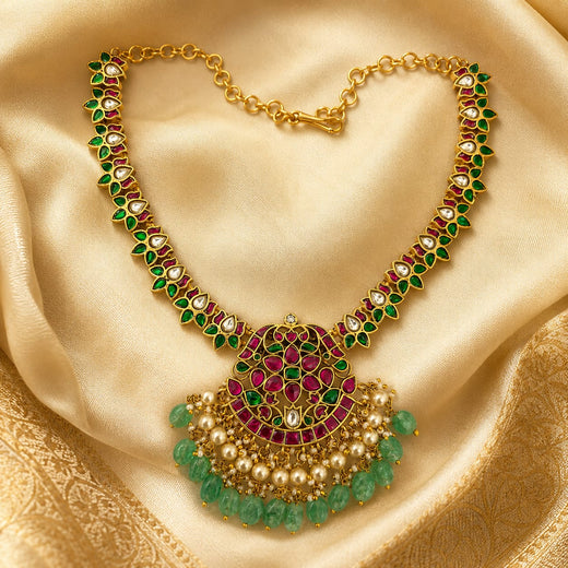 FeelOri jadau kundan necklace styled with saree fabric for Indian occasion wear