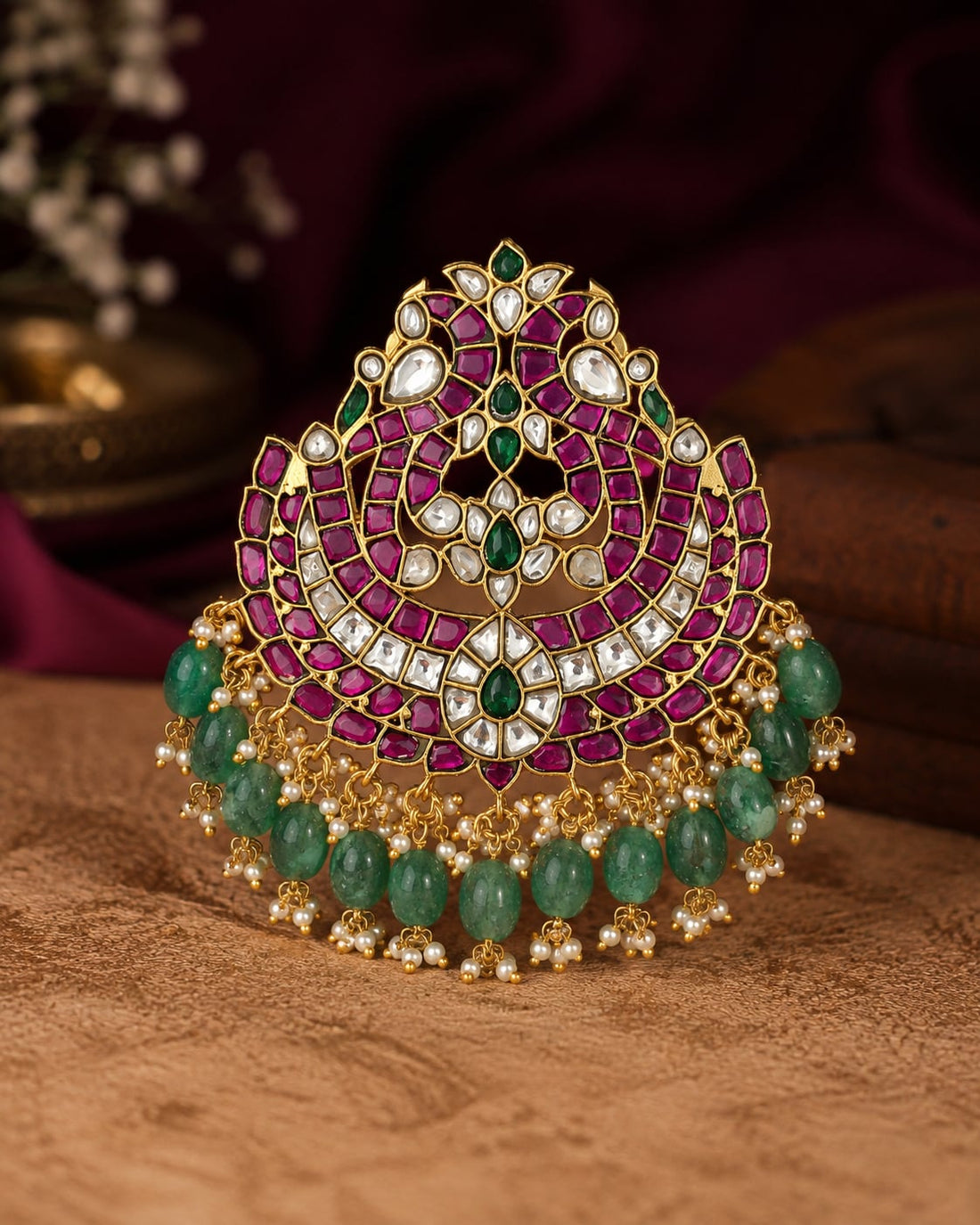 FeelOri jadau kundan Makara Pathakam Twin Makara Crescent Pendant - jewellery display view