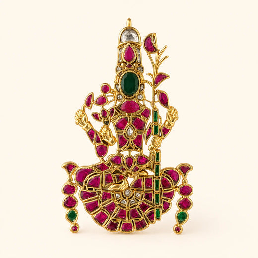 Front view of FeelOri Lalitha Tripurasundari Jadau Kundan temple pendant with sugarcane bow and flower arrows