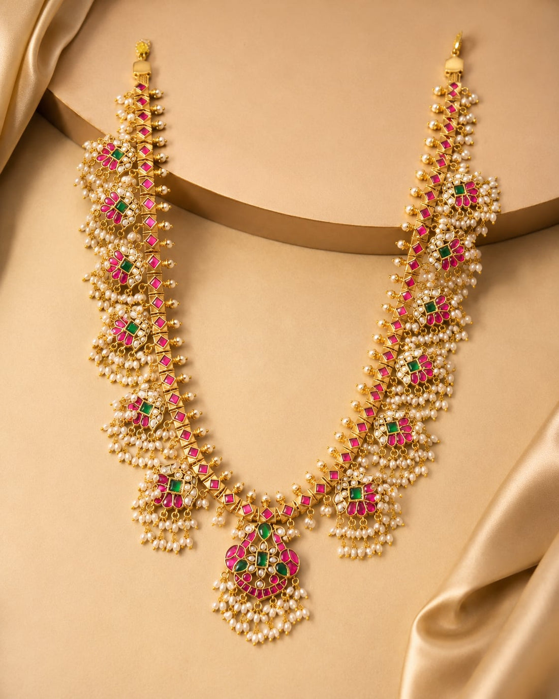 FeelOri layered pearl drop jadau kundan long haram necklace for South Indian festive jewellery styling