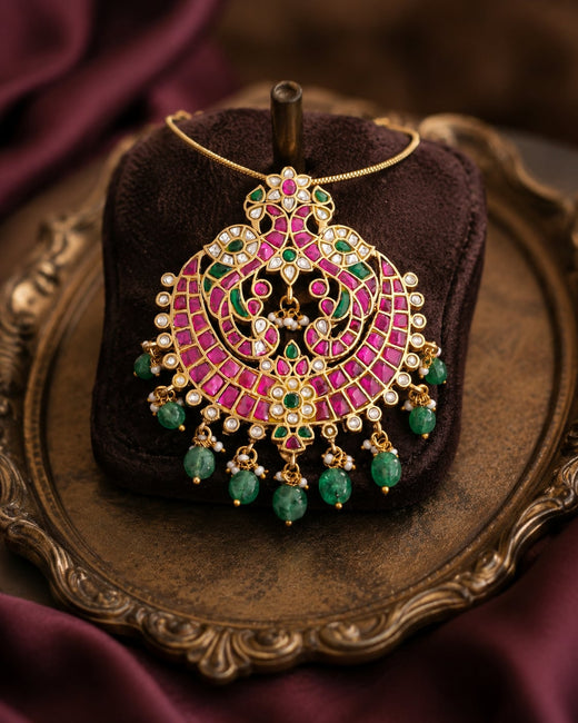 FeelOri jadau kundan Mayur Chandrika Twin Peacock Crescent Pendant - main product view