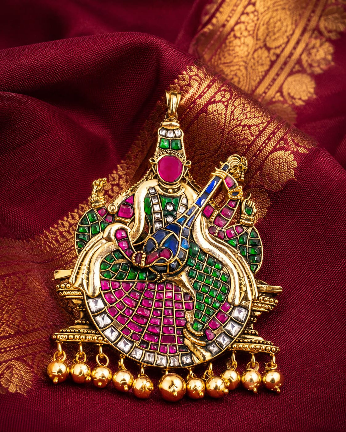 FeelOri jadau kundan Saraswati Veena Temple Pendant - main product view