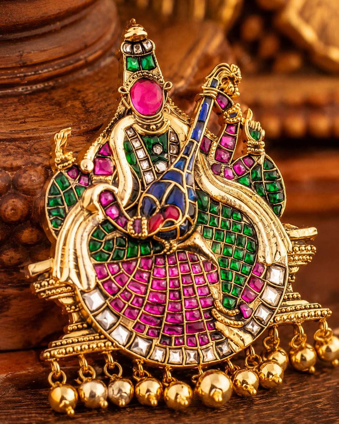 FeelOri peacock floral motif jadau kundan pendant set listed as pendant set styled with saree fabric
