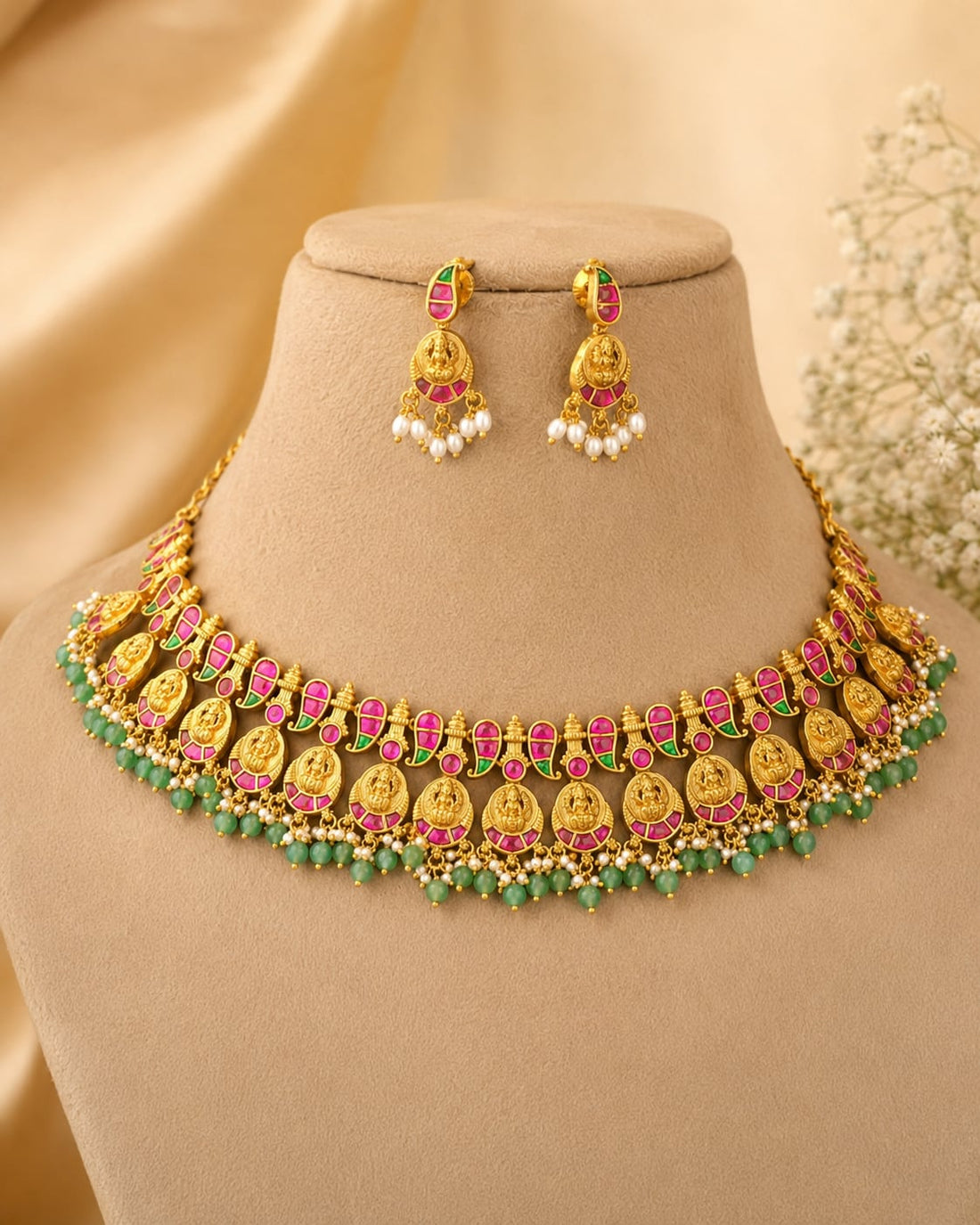 FeelOri pearl edge floral jadau kundan necklace set with matching earrings for Indian festive necklace styling