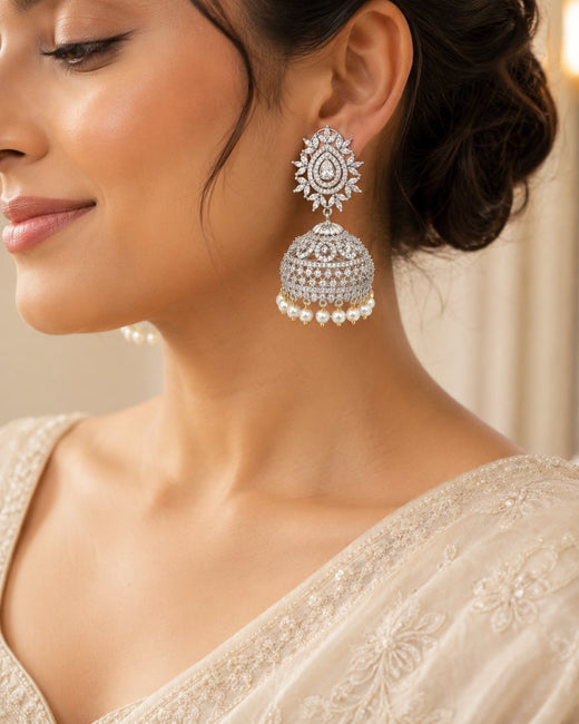 FeelOri Oval Halo Silver Rhodium CZ Jhumka Earrings with Pearl Look Drops - model styling view