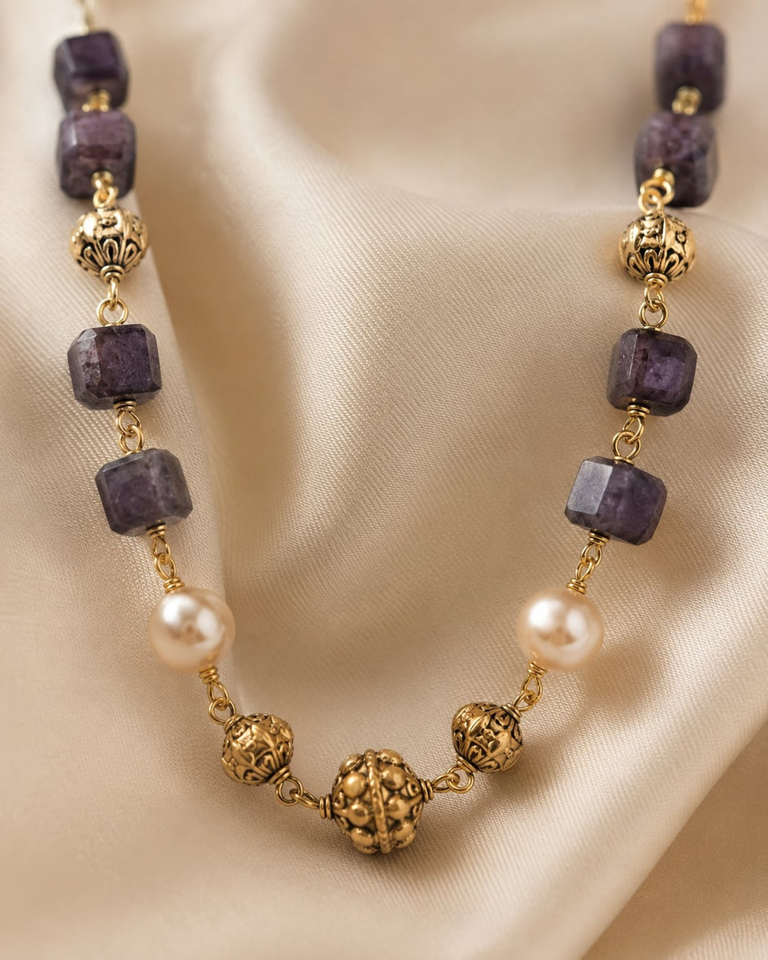 FeelOri Deep Plum Cube Bead and Pearl-Look Necklace close-up of bead rhythm, filigree centre, and clasp