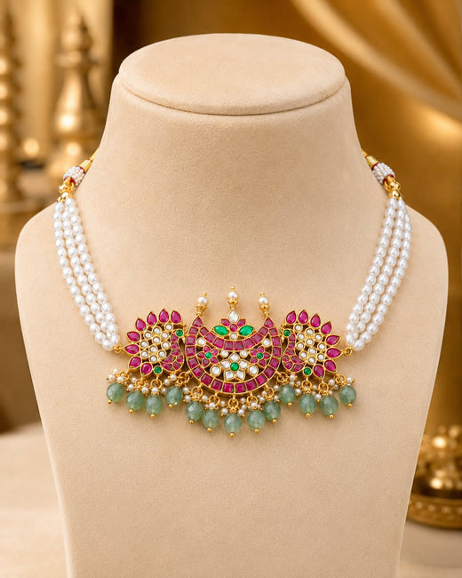 FeelOri pearl strand floral jadau kundan choker necklace for pattu saree styling