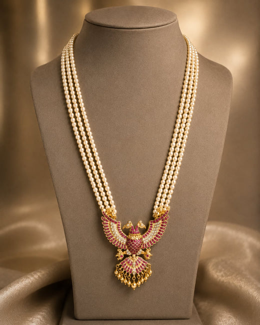 FeelOri pearl strand peacock jadau kundan long haram necklace for pattu saree styling