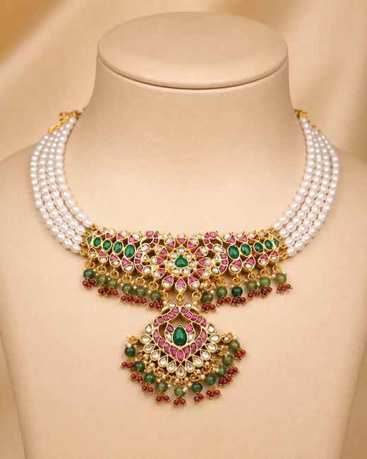 FeelOri pearl strand pendant jadau kundan choker necklace for pattu saree styling