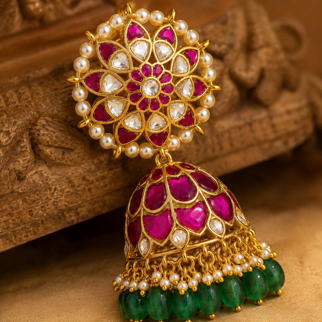 FeelOri real kempu jadau jhumka earrings stone setting and gold-polished detail