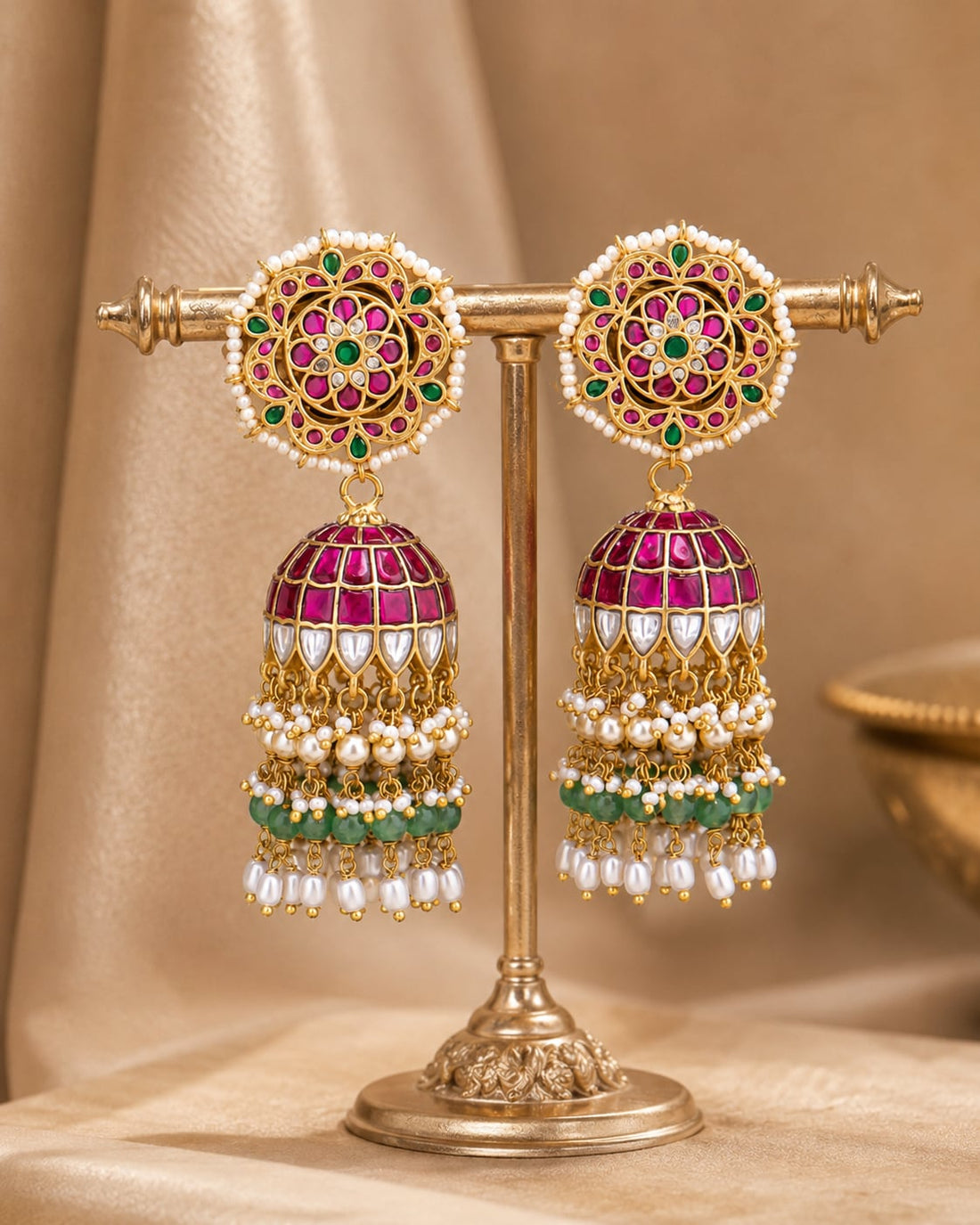 FeelOri real kempu jadau jhumka earrings on jewellery display