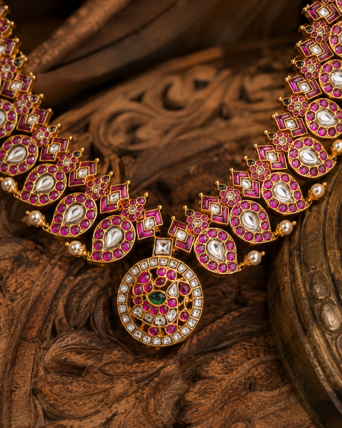 FeelOri real kempu jadau necklace close-up of real kempu stones and jadau work