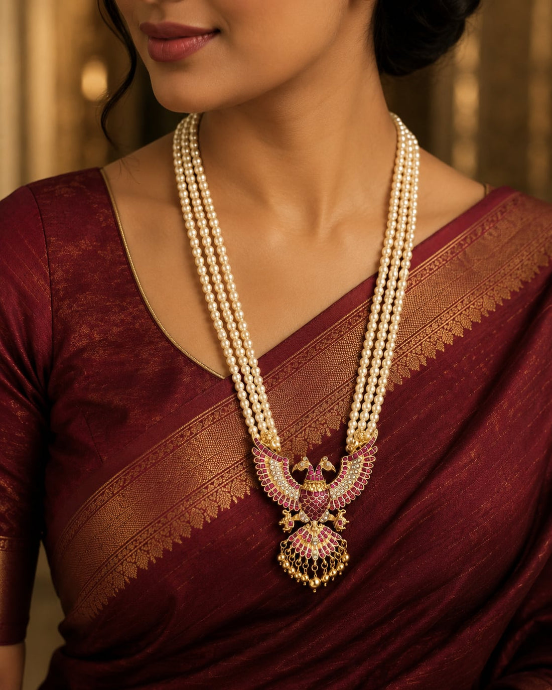 FeelOri real kempu jadau long haram necklace styled with pattu saree blouse for Indian occasion wear