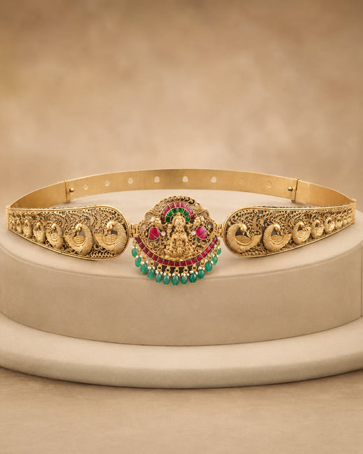 FeelOri Jadau Kundan Antique Polish Vaddanam Waist Belt for Saree Styling on jewellery display