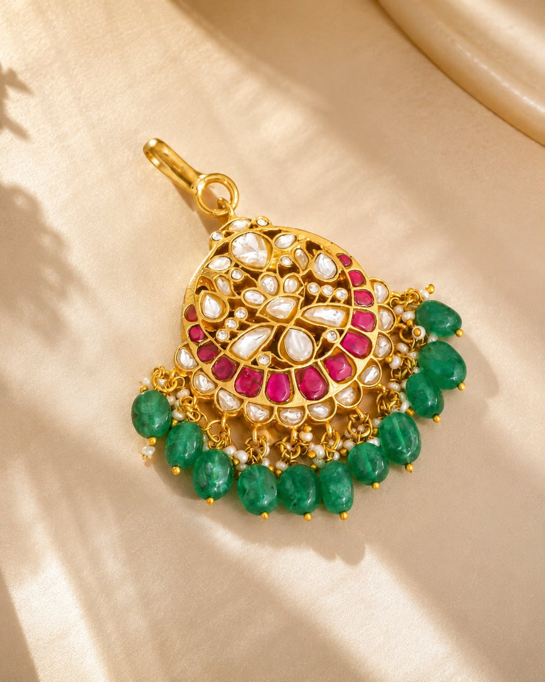 FeelOri round fan green bead jadau kundan maang tikka listed as maang tikka only for Indian festive hair styling