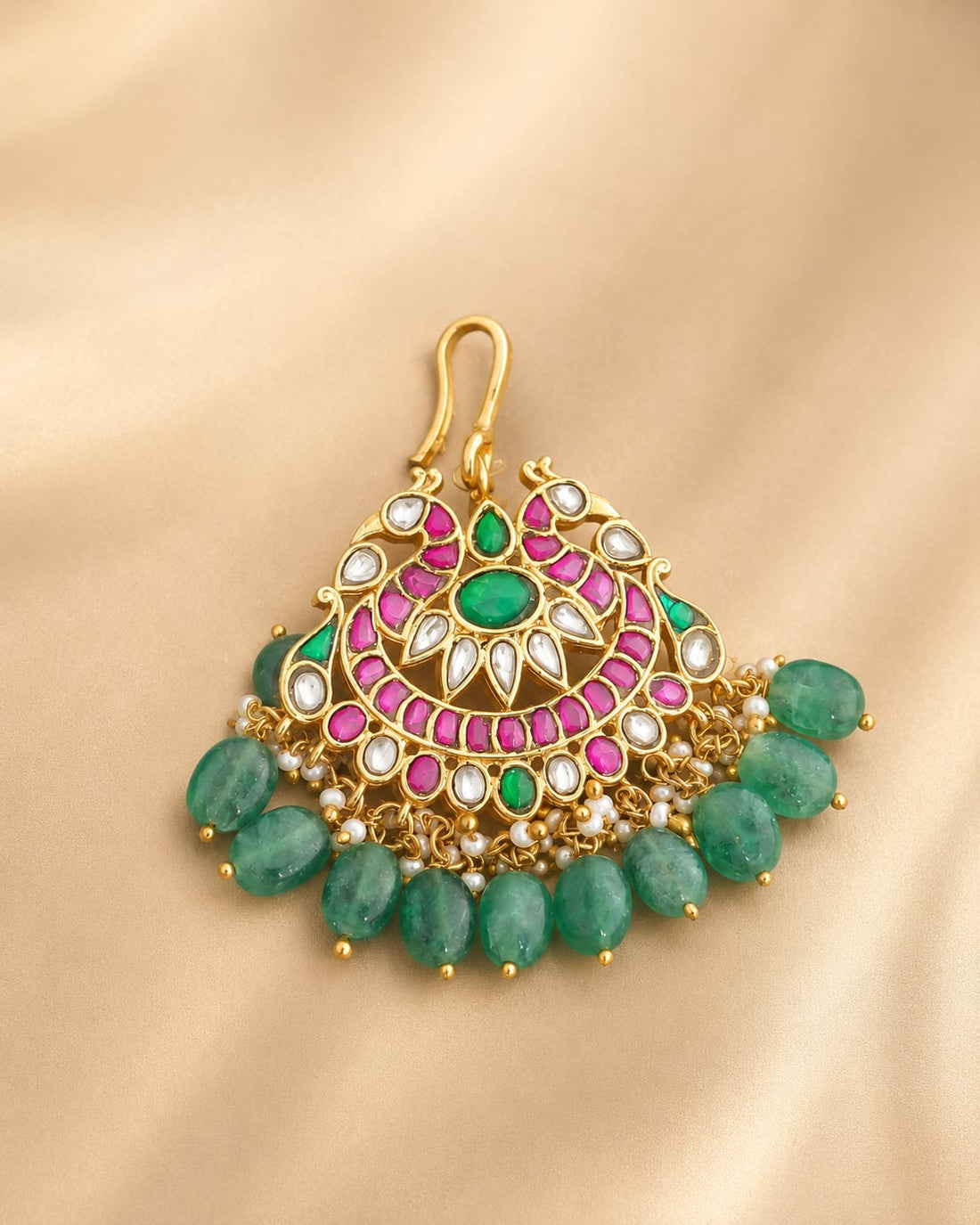 FeelOri round fan green drop jadau kundan maang tikka listed as maang tikka only for Indian festive hair styling