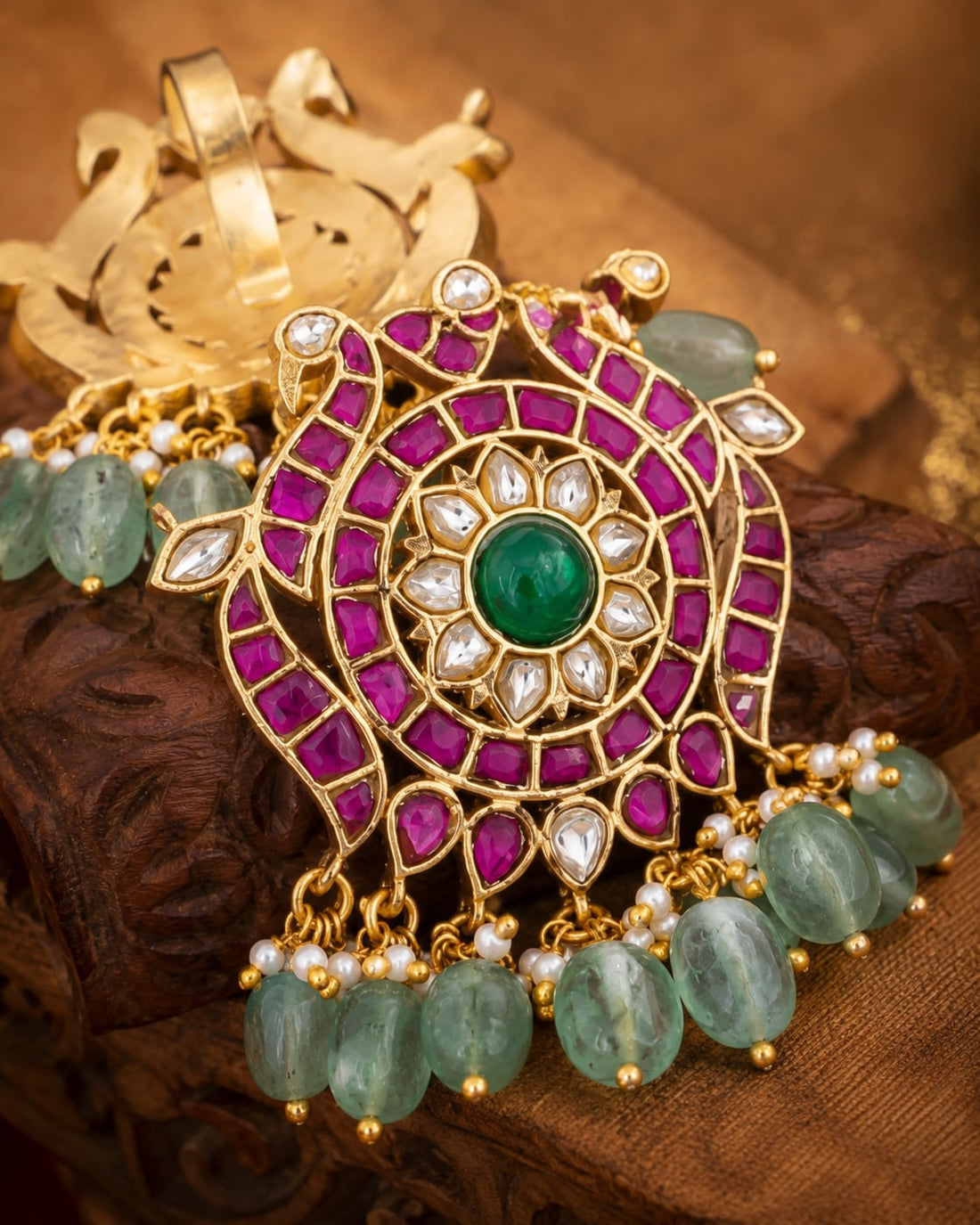 FeelOri round floral jadau kundan pendant set listed as pendant set close-up of kundan stones and jadau work
