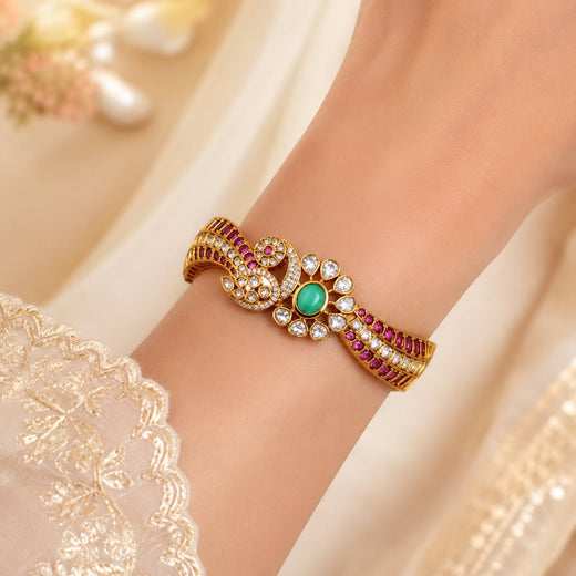FeelOri Ruby Emerald CZ Floral Openable Kada Bangle, wrist styling view