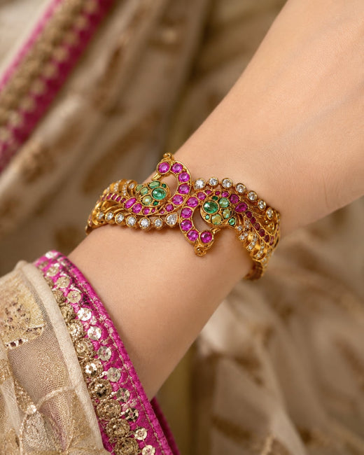 FeelOri Ruby Emerald CZ Peacock Openable Kada Bangle, wrist styling view
