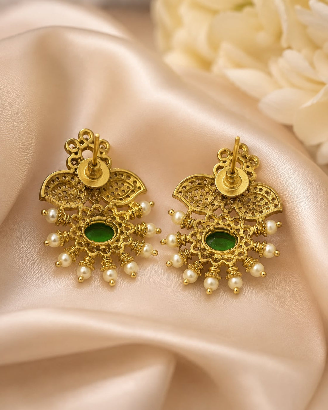 FeelOri ruby and emerald earrings rear view showing openwork reverse, straight posts, and push-back closures