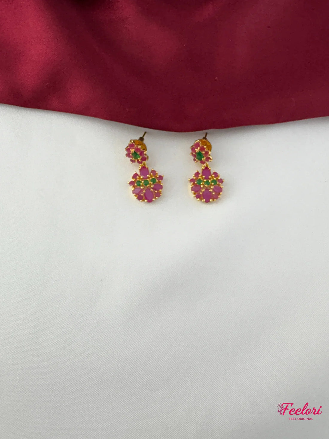 FeelOri Gold Plated Ruby Emerald Floral Earrings - Close-up view of the matching earrings with detailed stone work and push-back closure.