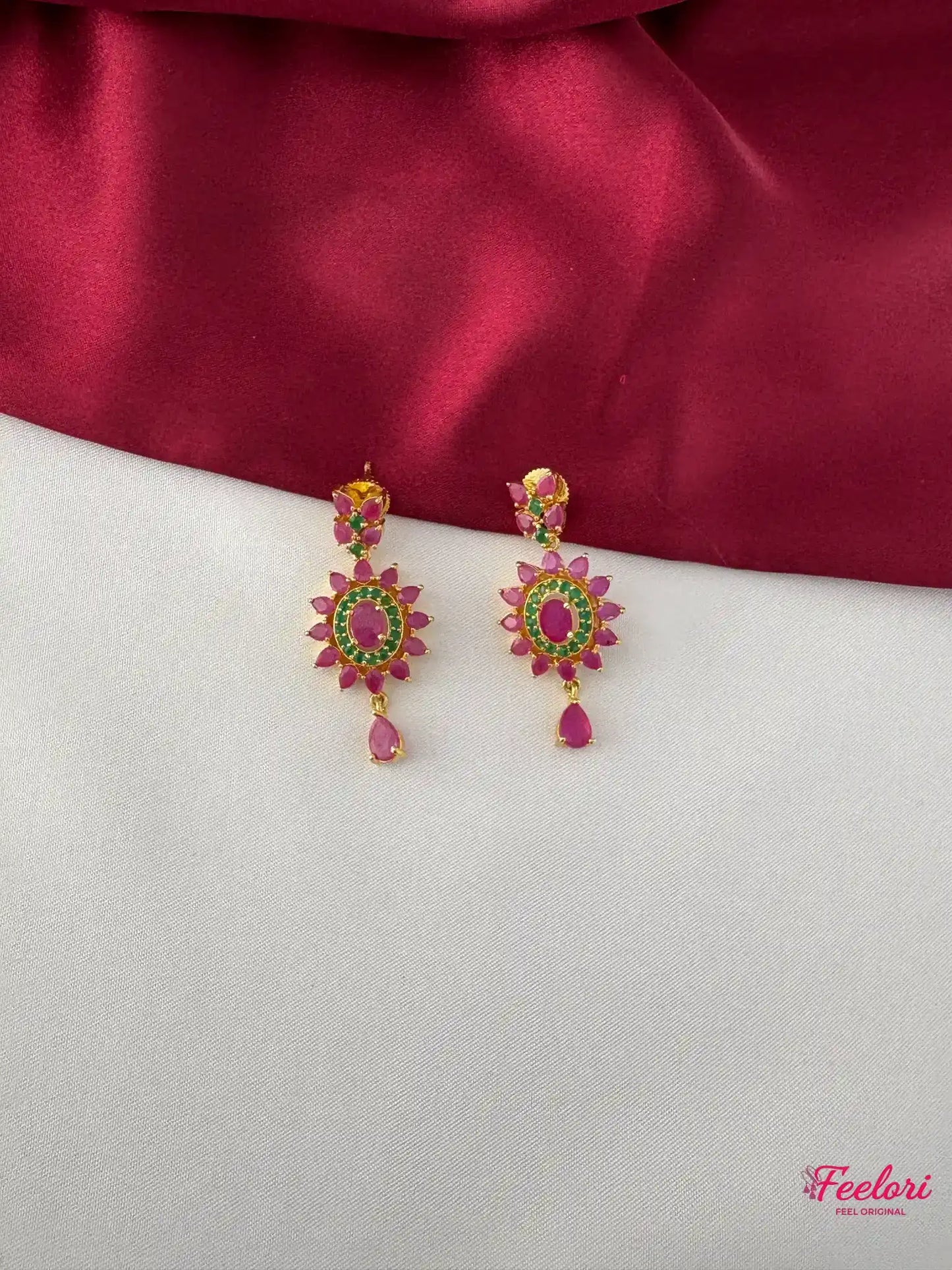 FeelOri Gold Plated Floral Ruby Emerald Earrings - Close-up view highlighting the detailed stone setting and tear-drop design.