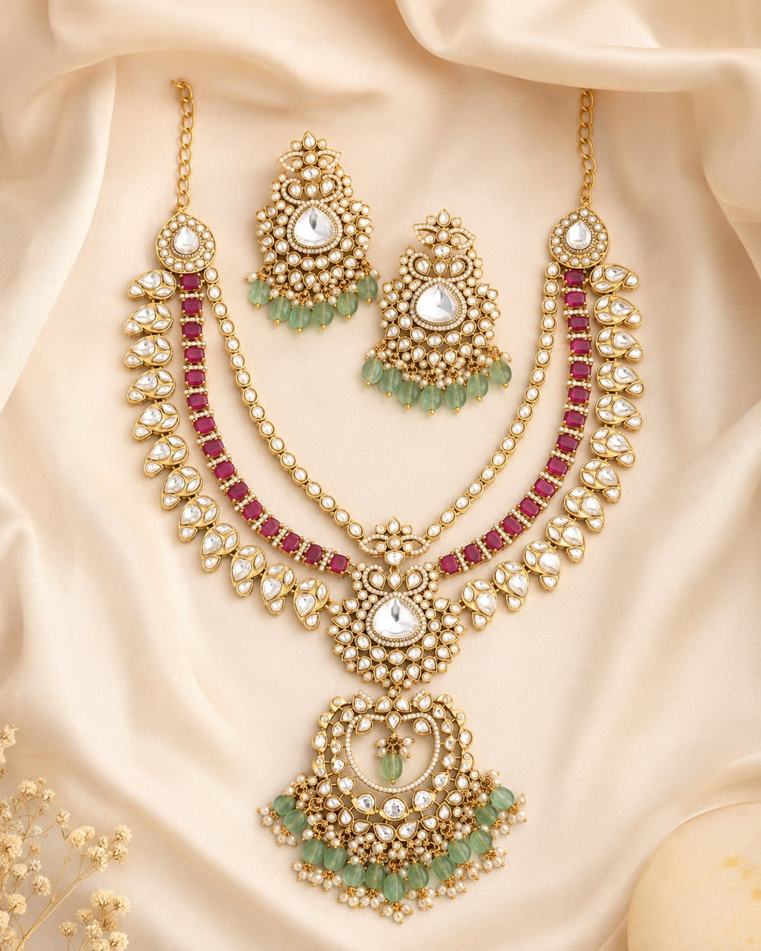 FeelOri ruby-tone and emerald-tone necklace set with matching earrings for sarees and festive styling
