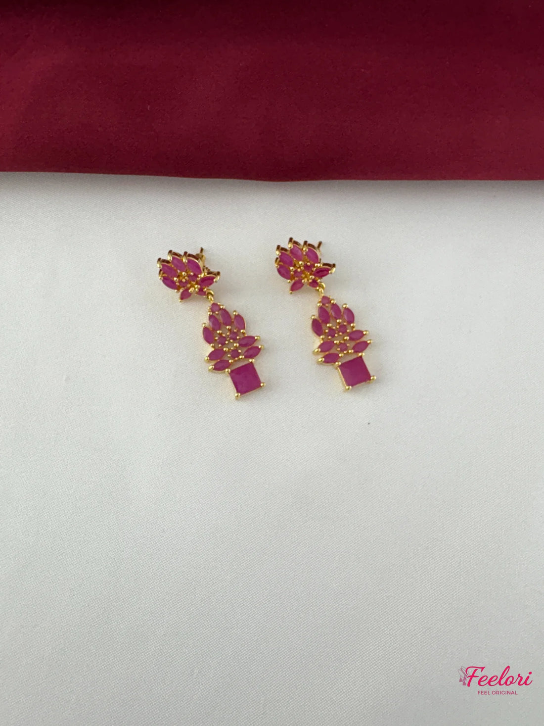 FeelOri Gold Plated Ruby Marquise Drop Earrings - Detailed view of the handcrafted earrings featuring marquise-cut ruby stones and push-back closure.