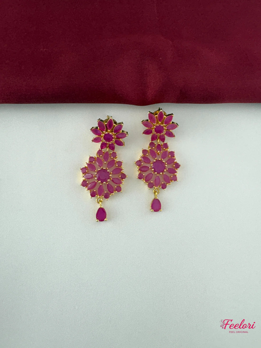 FeelOri Gold Plated Ruby-Tone Petal Flower Necklace Set - Festive Charm - FeelOri Indian fashion jewellery view 3