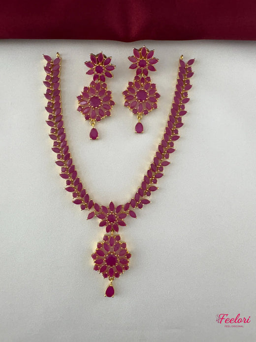 FeelOri Gold Plated Ruby-Tone Petal Flower Necklace Set - Festive Charm - FeelOri Indian fashion jewellery view 1