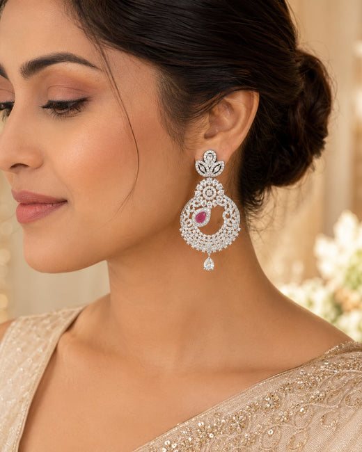 FeelOri Pink Accent Silver Rhodium CZ Paisley Drop Earrings - model styling view