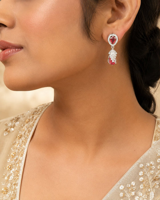 FeelOri Petite Pink Silver Rhodium CZ Drop Earrings - model styling view