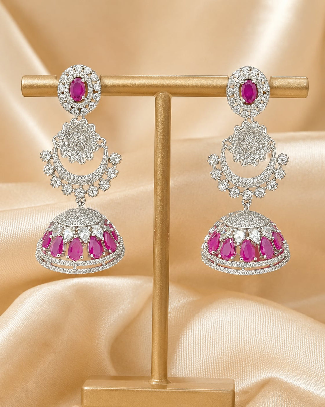 FeelOri Pink Silver Rhodium CZ Three Tier Pearl Look Jhumka Earrings - main catalogue view