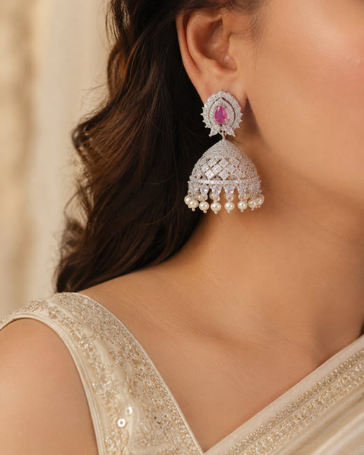 FeelOri Pink Sunburst Silver Rhodium CZ Lattice Jhumka Earrings - model styling view