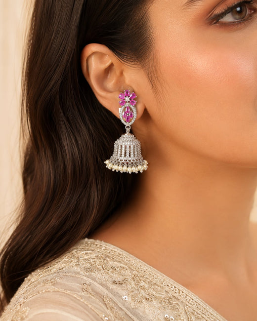 FeelOri Pink Floral Silver Rhodium CZ Long Jhumka Earrings - model styling view