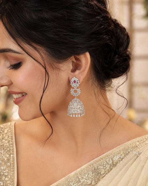 FeelOri Pink Silver Rhodium CZ Three Tier Jhumka Earrings - model styling view