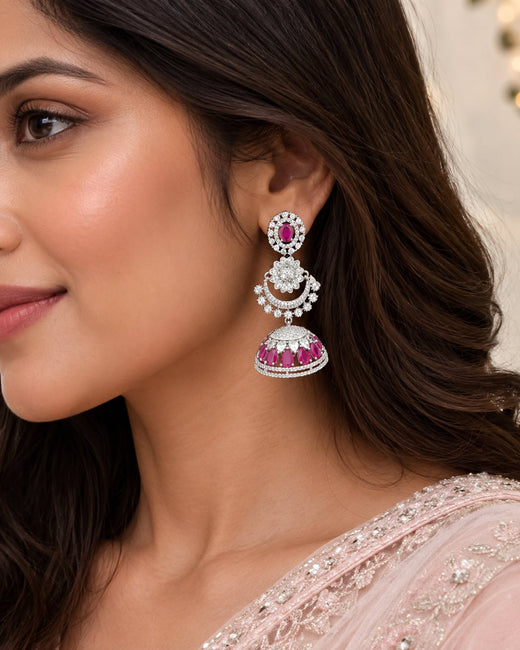 FeelOri Pink Silver Rhodium CZ Three Tier Pearl Look Jhumka Earrings - model styling view