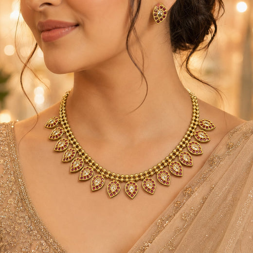 FeelOri ruby-tone necklace set with matching earrings for sarees and festive styling