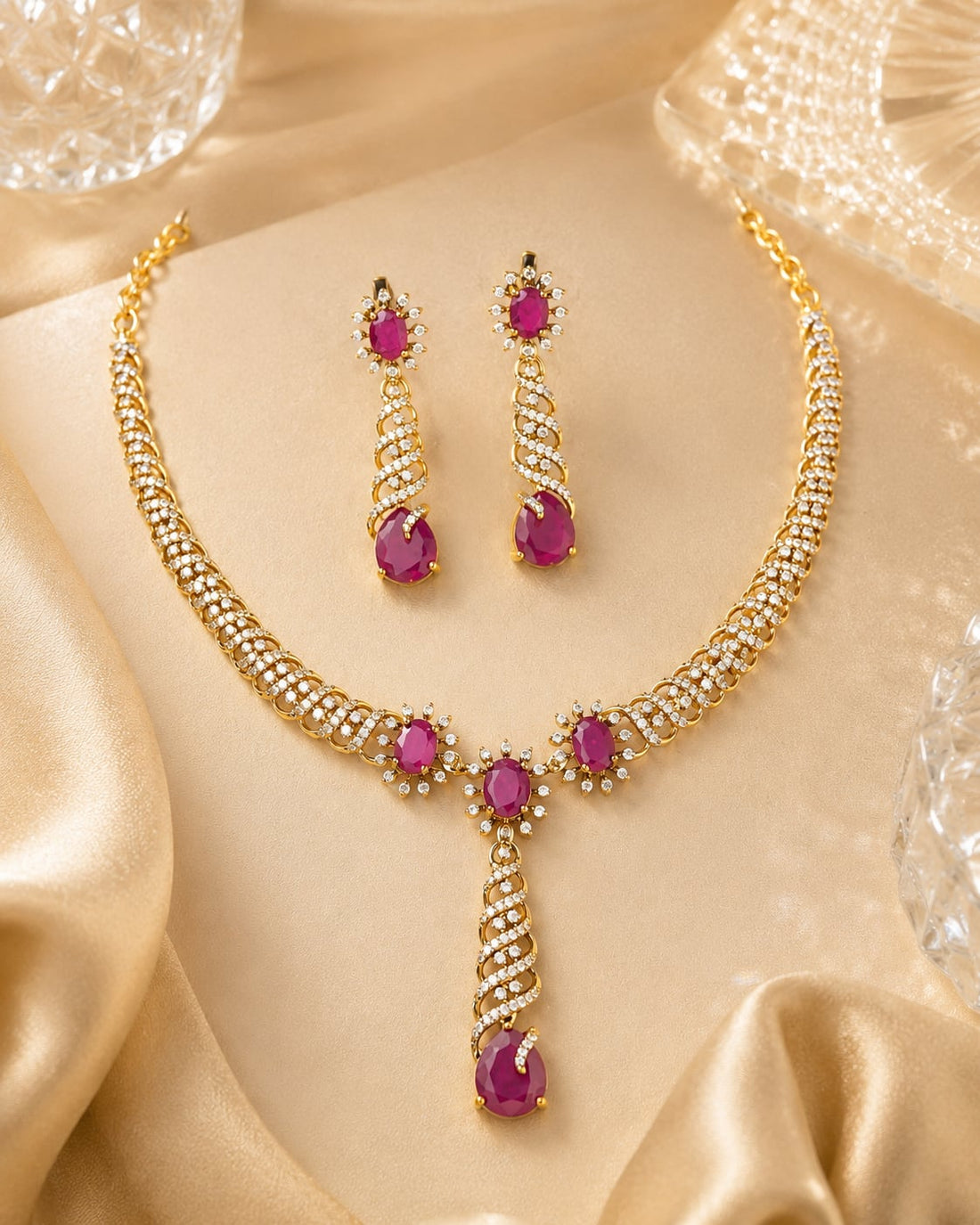 FeelOri ruby-tone necklace set with matching earrings for sarees and festive styling