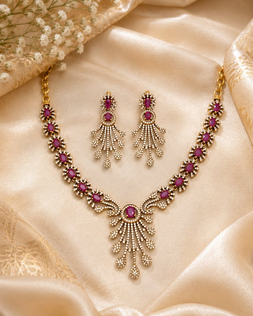 FeelOri ruby-tone necklace set with matching earrings styled with saree fabric for Indian occasion wear