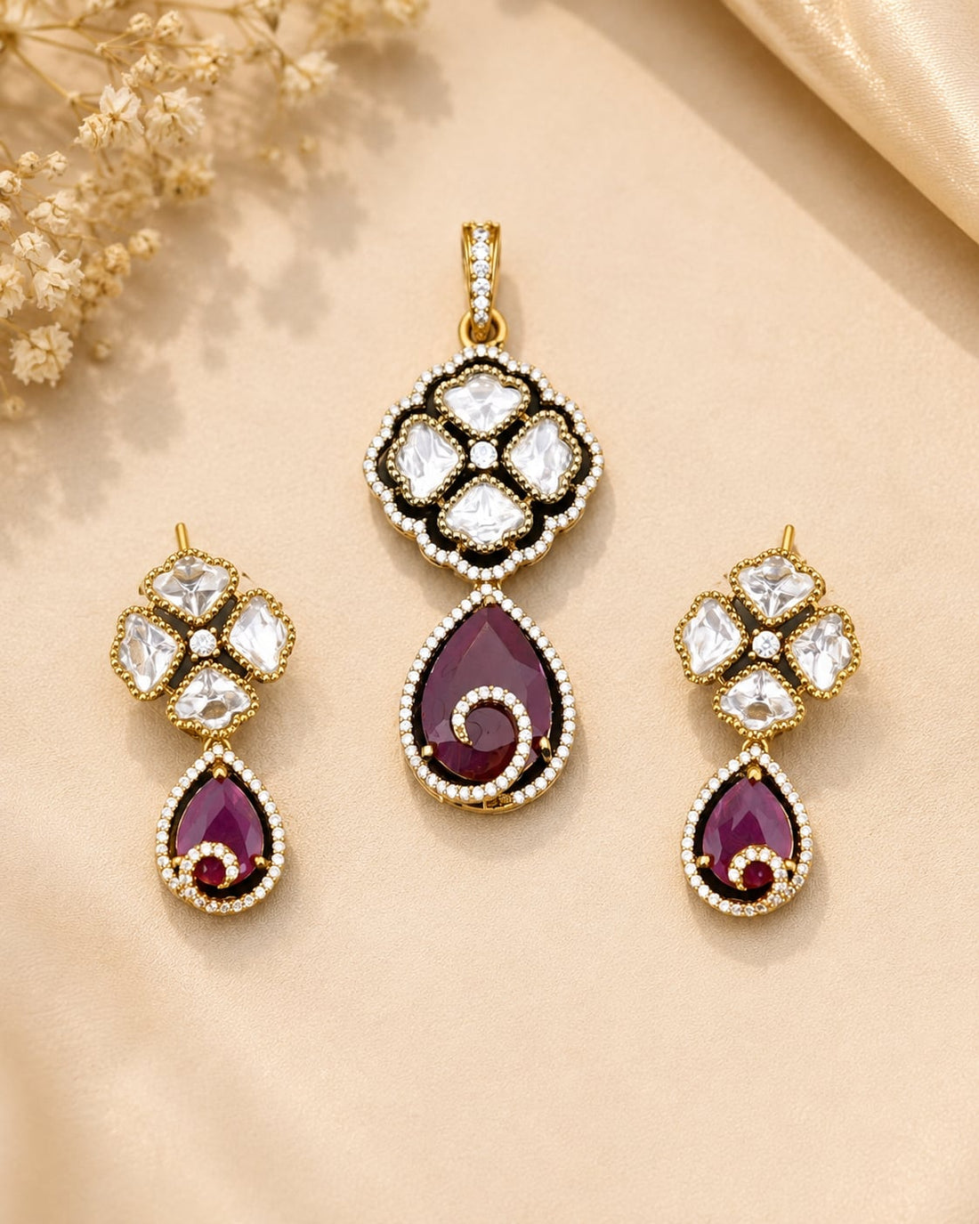 FeelOri ruby-tone pendant set for sarees and festive styling