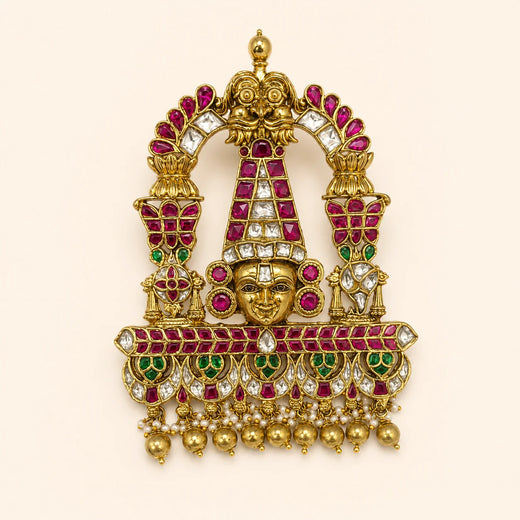 Front view of FeelOri Tirupati Balaji Jadau Kundan temple pendant with ruby, green and white stone details