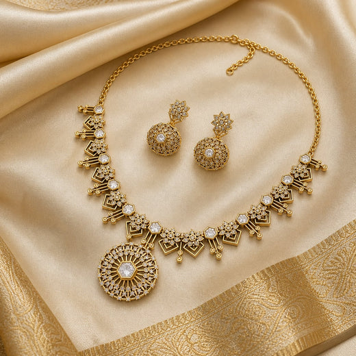 FeelOri white AD/CZ necklace set styled on champagne saree fabric