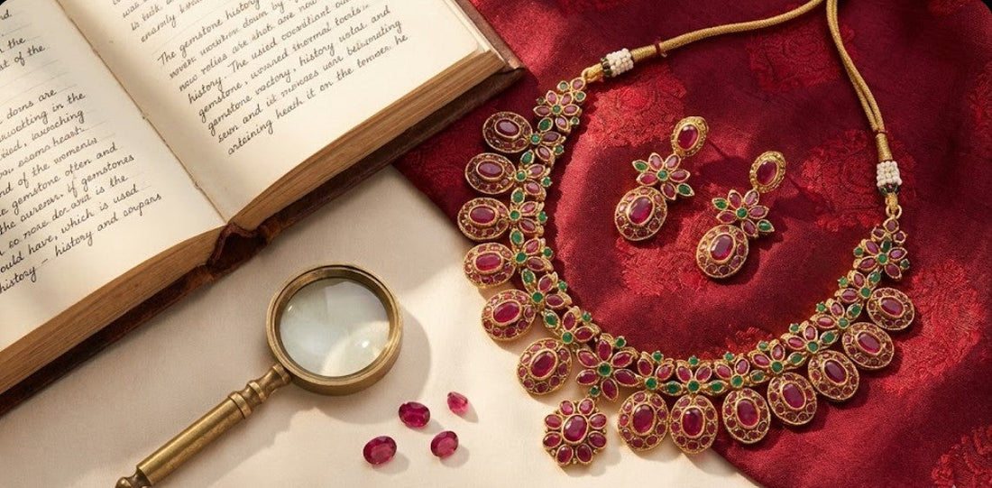 A flat lay photograph of a traditional gold-plated feelori ruby and emerald floral necklace set, similar to the FeelOri heritage collection, resting on antique brocade silk beside an open journal, a magnifying glass, and loose gemstones.