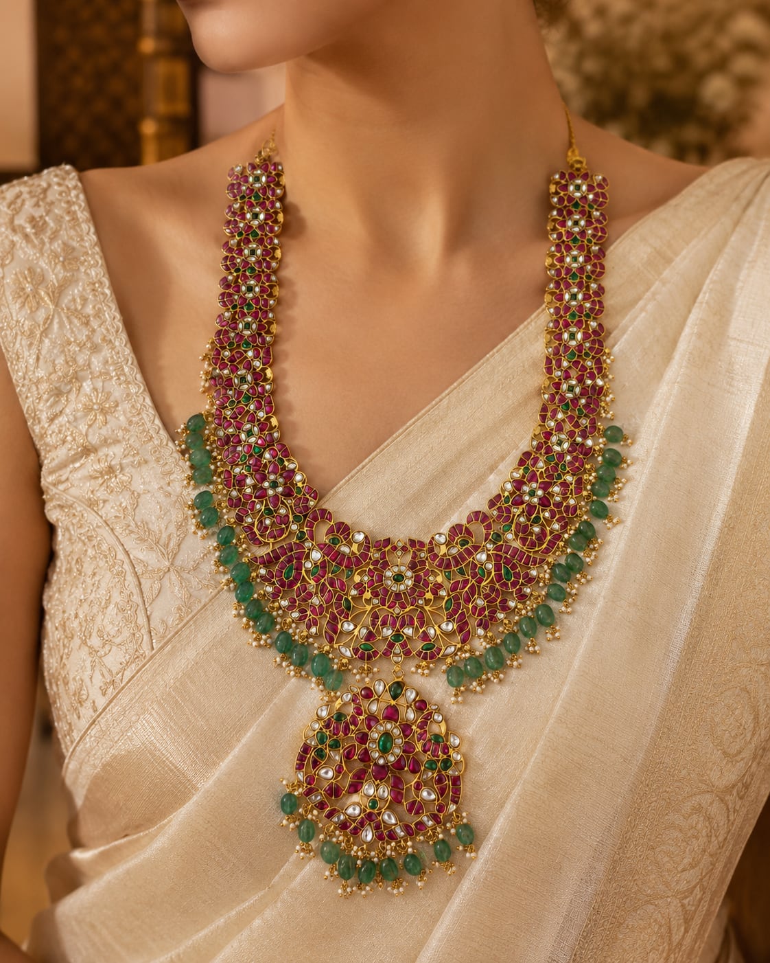 Jadau Kundan long haram styled with a pattu saree for the FeelOri necklace guide
