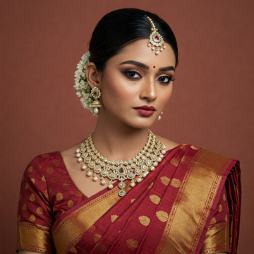 Indian model in elegant traditional attire showcasing FeelOri's sparkling AD stone necklace, embodying timeless heritage and 'Parampara Sparkle,' in a high-definition, minimalistic photograph.