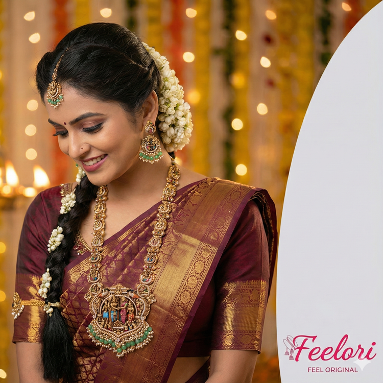 South Indian bride wearing Feelori Antique Temple Jewellery set with long Nakshi haram, matching jhumkas, and green bead detailing.