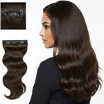 Indian model with seamless Feelori clip-in extensions, inset shows detailed view of the weft and clip.
