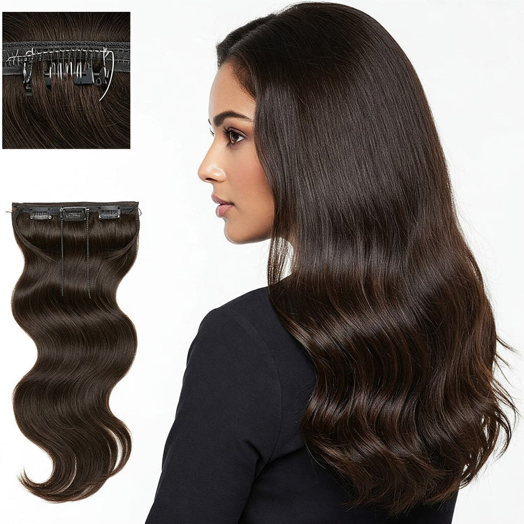 Indian model with seamless Feelori clip-in extensions, inset shows detailed view of the weft and clip.