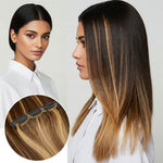 Indian model with subtle colored Feelori hair extensions, inset shows close-up of the colored hair weft.